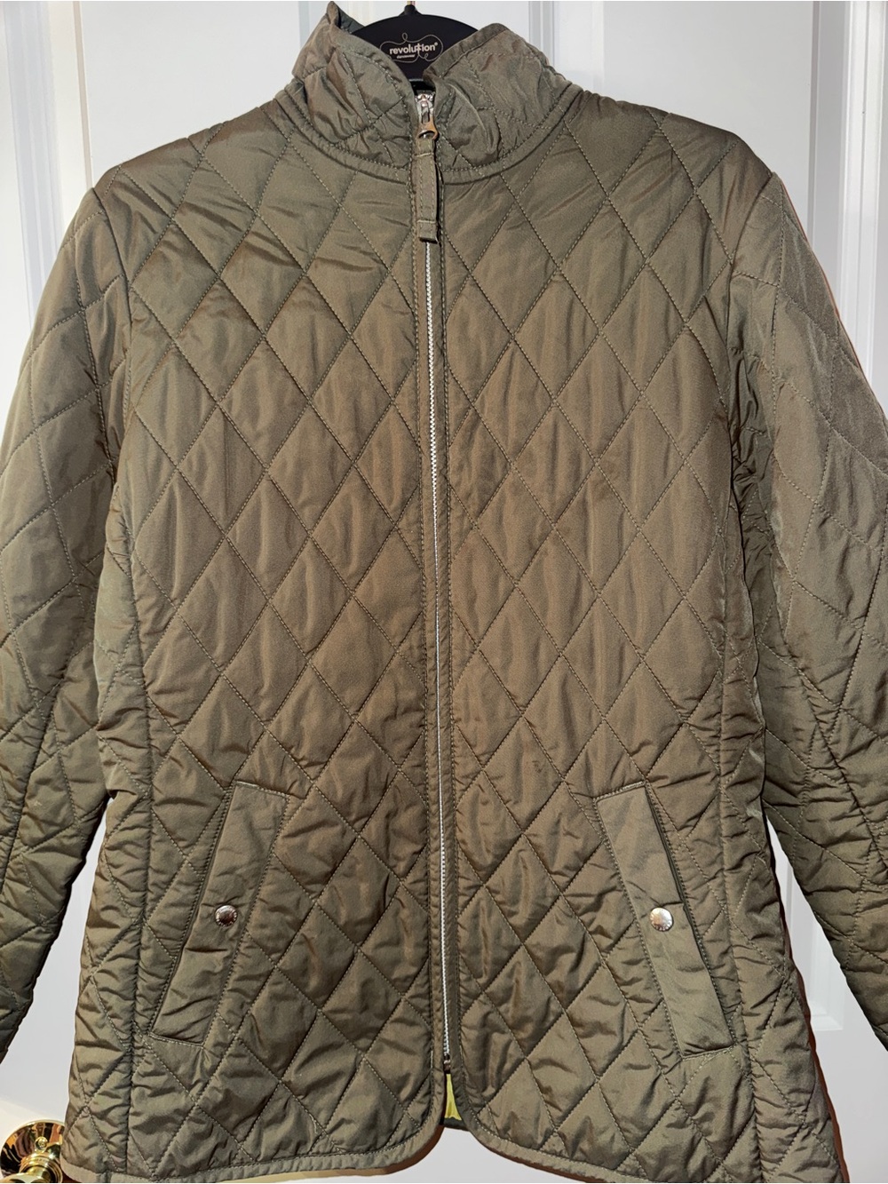 Lands' End Quilted Olive Puffer Jacket with Yellow Lining - Picture 2 of 6